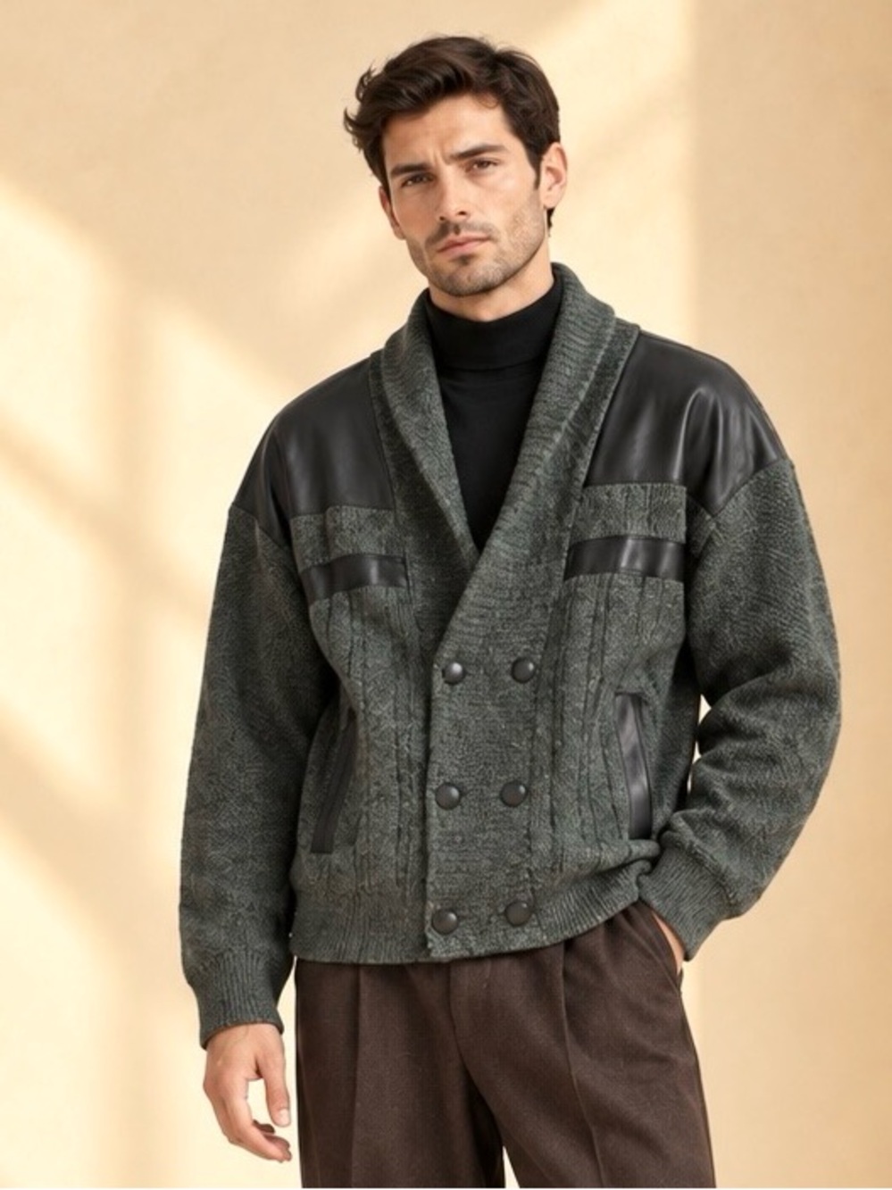 Vintage 80s Men’s Leather Panel Wool Cardigan Double Breasted Sz M JASO